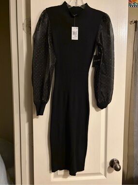 NWT Dylan Ryan NYC Black Sweater Dress Rhinestone Puff Sleeves XS